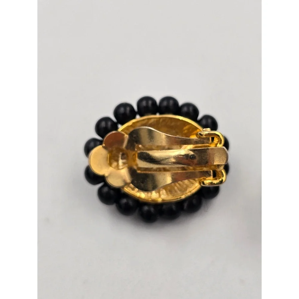 Vintage Black‎ Cabochon Gold Tone Clip On Earrings Beaded Oval Classic Style